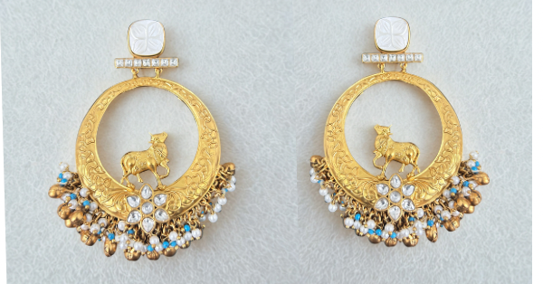 Kundan & Beaded Ram Design Brass Earrings