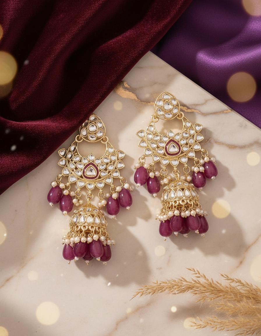 Kundan Jhumki Earring - Purple
