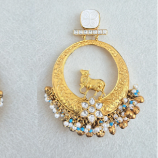 Kundan & Beaded Ram Design Brass Earrings